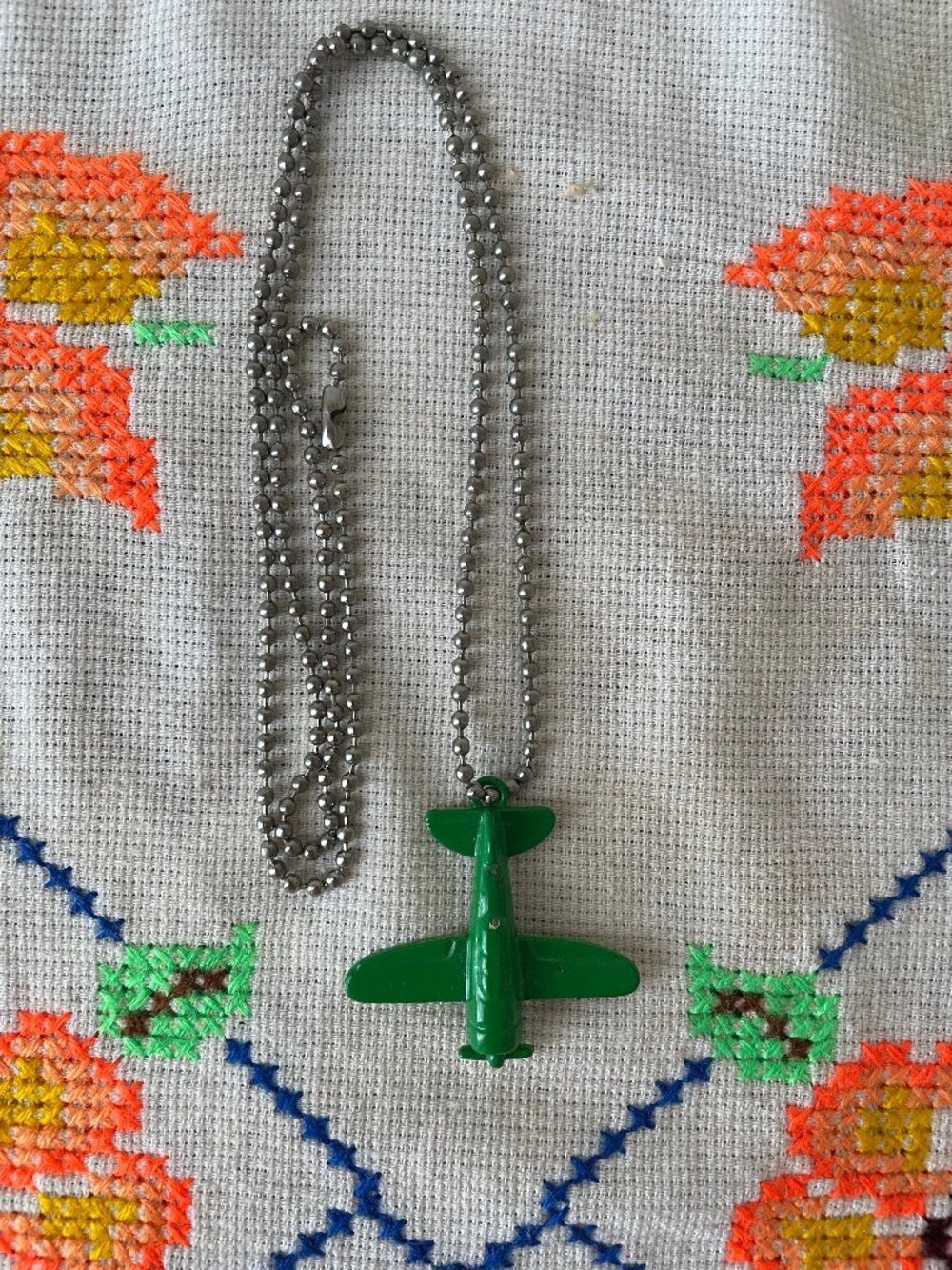 Green Metal Airplane Necklace on Ball Chain